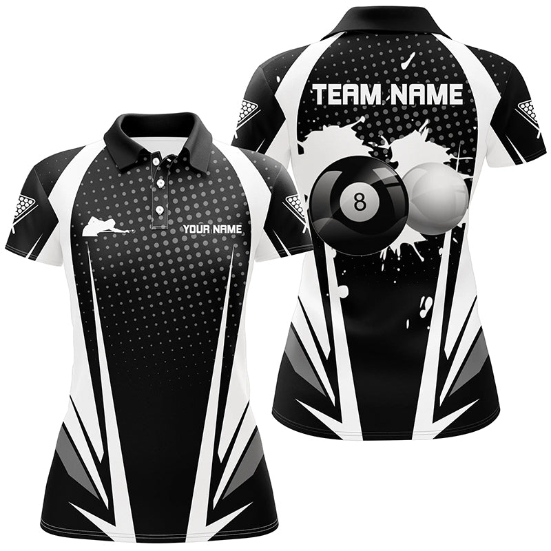 3D Billiard Polo Shirt for Women - Black & White 8 Ball Design V0458