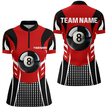 Women's 3D Quarter-Zip Billiards Shirt - Red/Black 8 Ball V1037