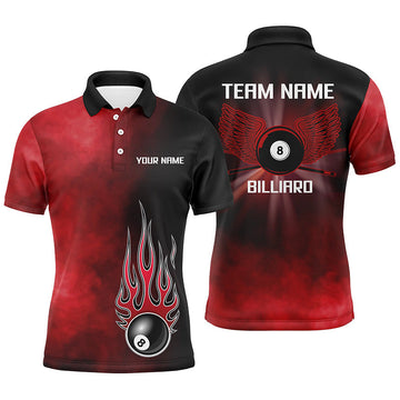 Men's Custom Black & Red Flame 8-Ball Pool Polo Shirt V0809