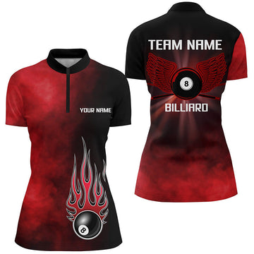 Women's Black Red Flame 8 Ball Pool Quarter-Zip Shirt V0809