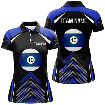 Customised Blue & Black 10 Ball Pool Polo Shirt for Women V0955