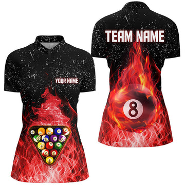 3D Fire Pool 8 Ball Quarter-Zip Shirt for Women - Red/Black V0503