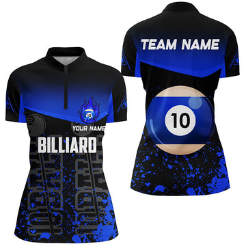 Women's 3D Quarter-Zip Billiard Top - Splash Blue & Fire 10 Ball V0967