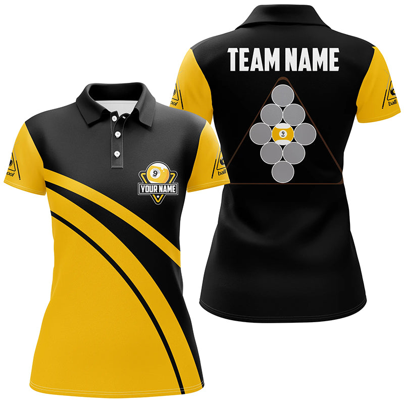 Women's Custom Yellow & Black 9 Ball Pool Polo Shirt V0733