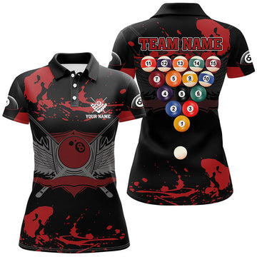 Custom 3D Billiards Polo Shirt for Women - Red & Black 8 Ball Design V0349