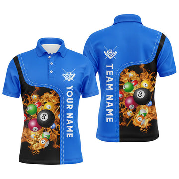 Men's Custom Blue Fire Billiard Polo Shirt V0747