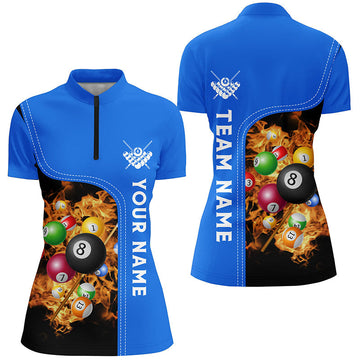 Custom Blue Fire Billiard Quarter-Zip Shirt for Women V0747