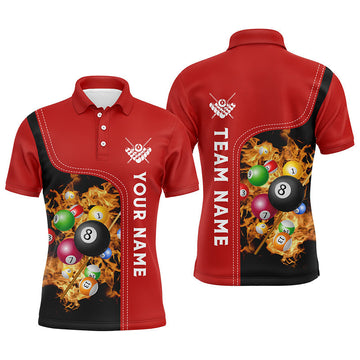 Men's Custom Red Billiard Polo Shirt with 3D Fire Design V0748