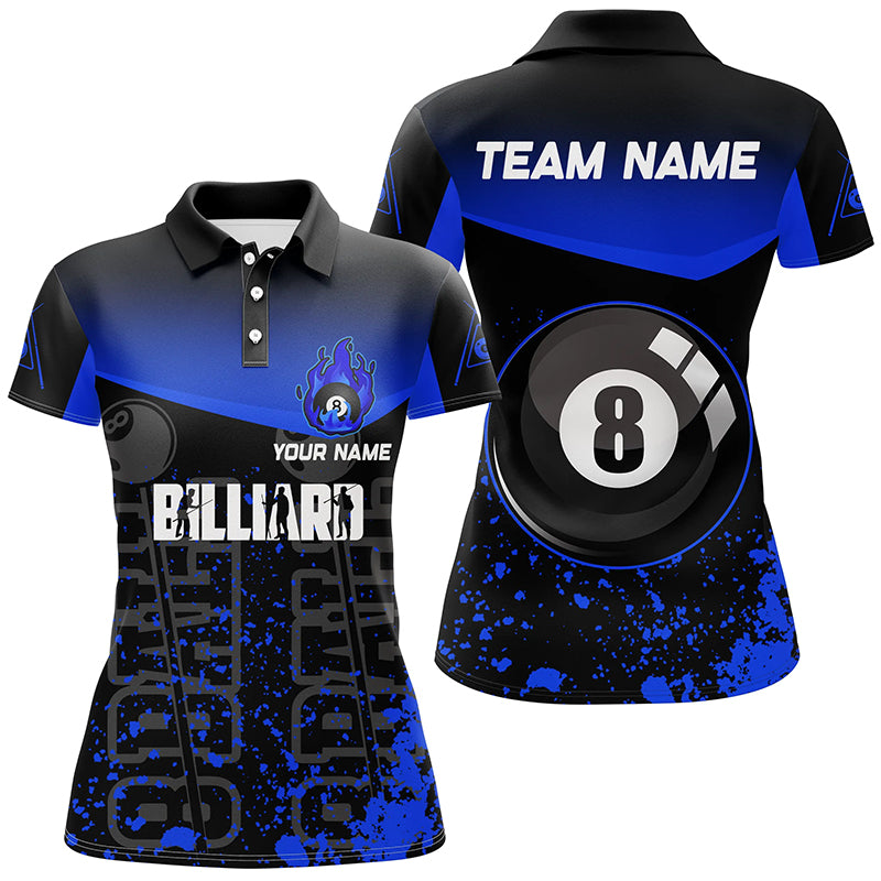 Custom Blue Fire 8 Ball Pool Polo Shirt for Women V0581