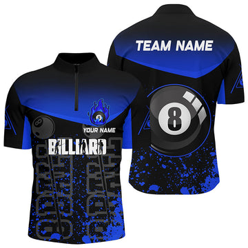 Personalised Blue Fire 8-Ball Pool Quarter-Zip Shirt for Men V0581