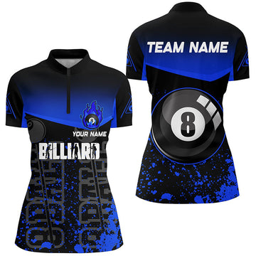 Custom Blue Fire 8-Ball Pool Quarter-Zip Shirt for Women V0581