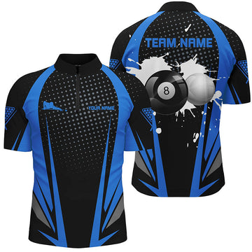 Men's 3D Quarter-Zip Billiards Shirt - Black/Blue 8 Ball Design V1088