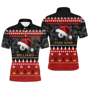 Men's Christmas Billiard Polo Shirt - Funny 8 Ball & Santa Hat V0652