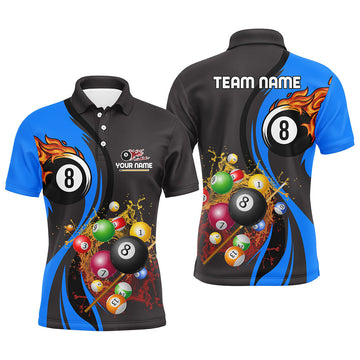 Personalised Blue Pool Polo Shirt for Men - Fire & Water 8 Ball Design V0479