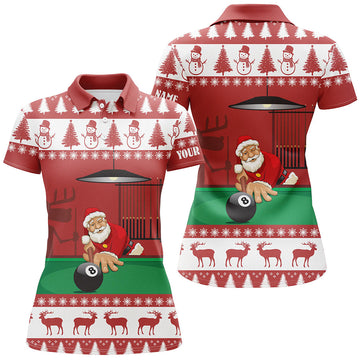 Women's Christmas Billiard Polo Shirt - 3D Santa Playing Pool V0685