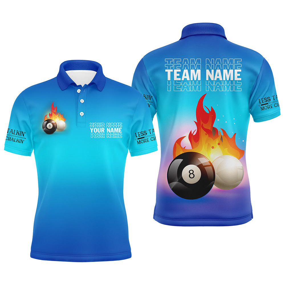 Custom 3D Blue Polo Shirt for Men - Billiards 8 Ball & Cue Design V0699