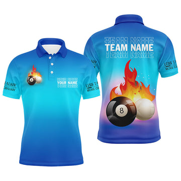 Custom 3D Blue Polo Shirt for Men - Billiards 8 Ball & Cue Design V0699