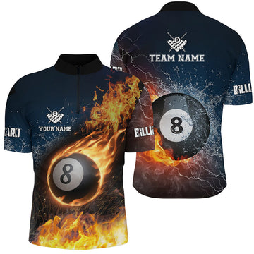 Men's 3D Fire & Water Billiard 8 Ball Quarter-Zip Shirt V0253