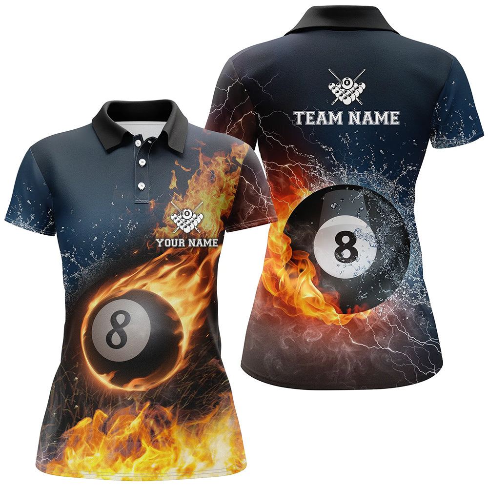 Women's Custom 3D Billiard 8 Ball Fire & Water Polo Shirt V0077