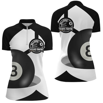 Women's Black & White 8 Ball Pool Quarter-Zip Shirt V0572