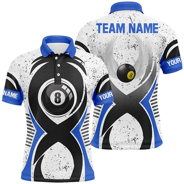 Men's Custom Blue & White Grunge 8 Ball Pool Polo Shirt V0469