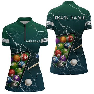 Women's Green Billiard Quarter-Zip Shirt - Thunder Lightning Theme V0684