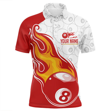 Men's Custom 3D 8 Ball Flame Polo Shirt - White/Red V0305