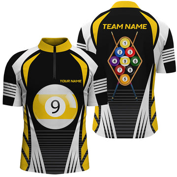 Men's 3D Quarter-Zip Yellow & White 9 Ball Pool Jersey V0597