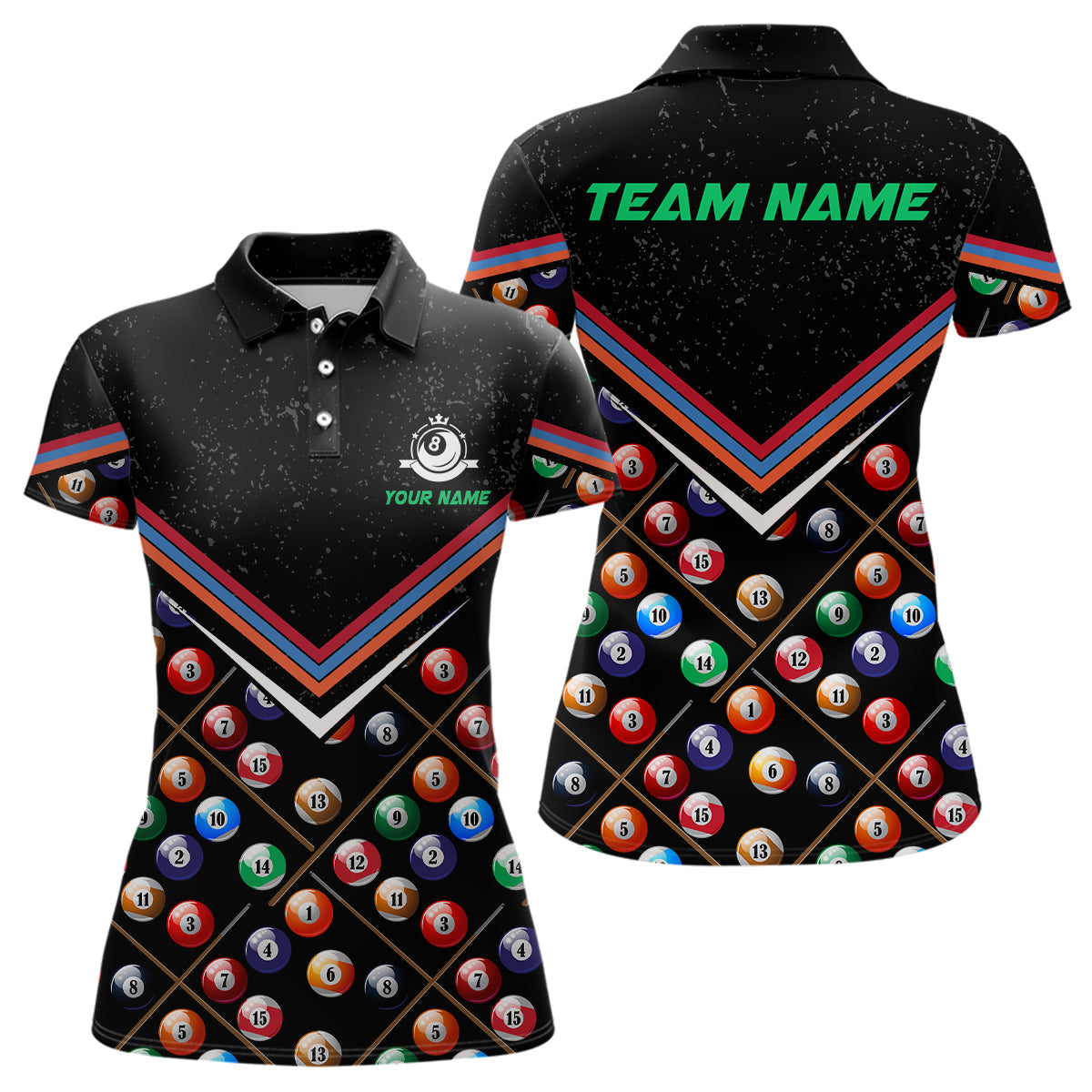 Custom Black Grunge 3D Billiard Polo Shirt for Women V0242