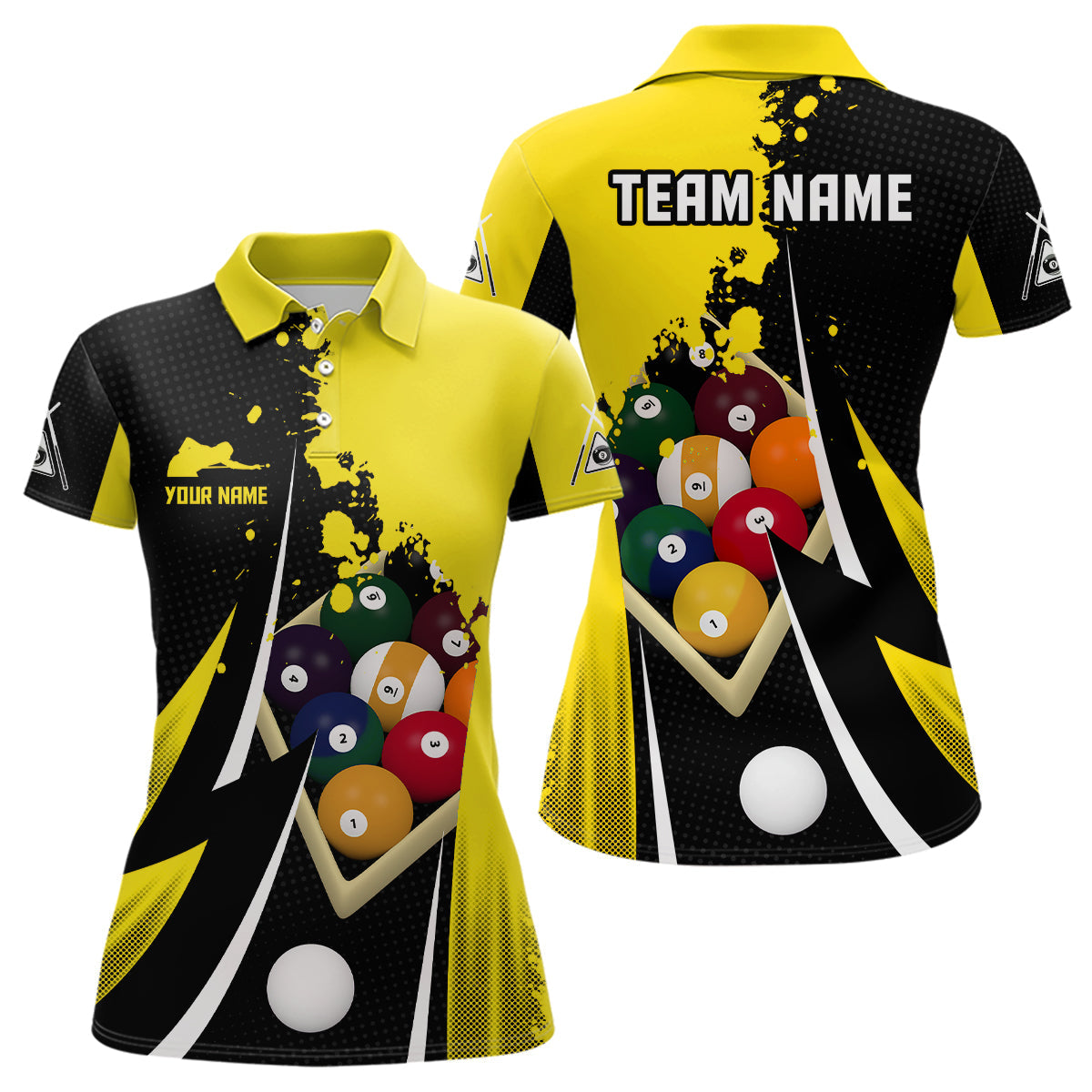 Women's 3D Black & Yellow 9 Ball Pool Polo Shirt V0514