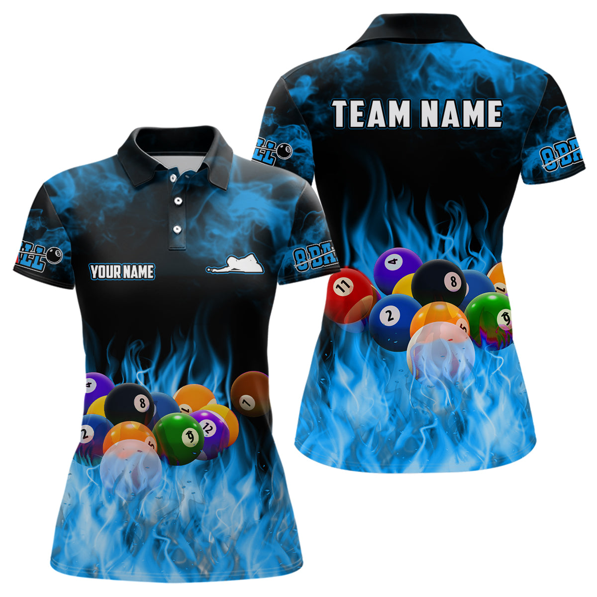 Women’s Custom Blue 3D Flame Billiard Polo Shirt V0518