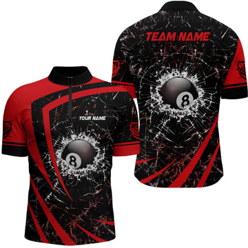 Men's Red 3D Break 8 Ball Billiard Quarter-Zip Shirt V0973
