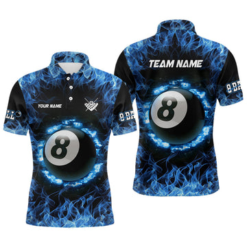 Custom Blue 3D Fire 8 Ball Pool Polo Shirt for Men V0558