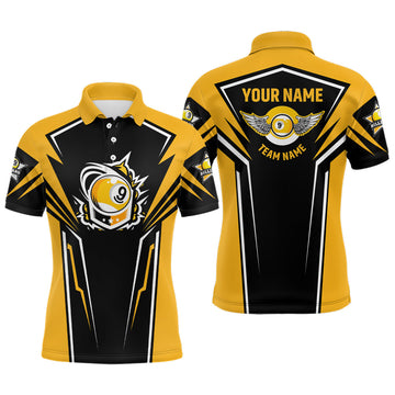 Personalised 3D Funny Billiards Polo Shirt for Men - Custom Name Yellow 9 Ball Jersey V0189