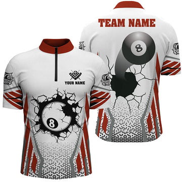 Men's White & Red 8 Ball Pool Cracked Wall Quarter-Zip Shirt T1129