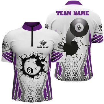 Men's Custom White & Purple 8 Ball Pool Quarter-Zip Shirt T1131