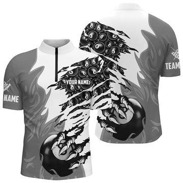 Men's Grey 3D Pool Polo Shirt - Personalised Claw 8 Ball Billiard Apparel T0575