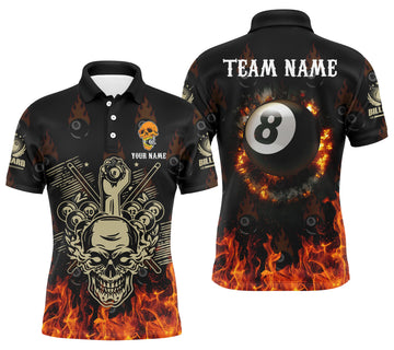 Men's Custom Fire Skull 8 Ball Pool Polo Shirt T0130