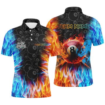 Men's 3D Printed Billiard Polo Shirt - Custom Fire & Water 8 Ball Design T0385
