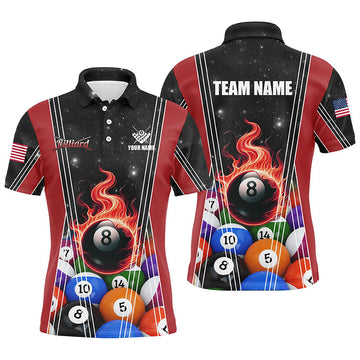 Men's Custom Red Billiard Polo Shirt - 8 Ball Flame Design T1312