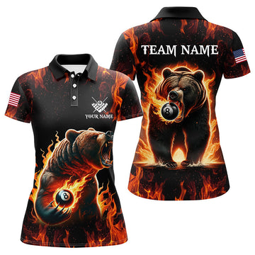 Funny Bear & 8 Ball Pool Flame Women's Billiard Polo Shirt T1315
