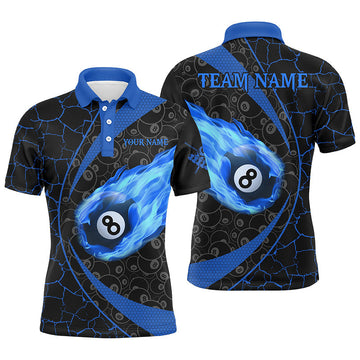 Personalised Black/Blue Billiard Flame Polo Shirt for Men - Custom Name, 8 Ball Pool Team T1317