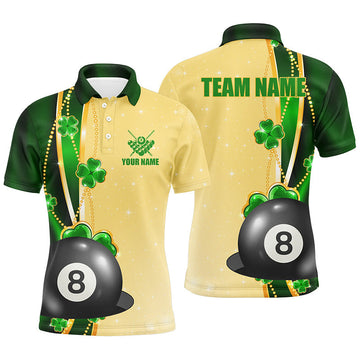Men's 3D Funny St Patrick's Day Billiard Polo Shirt - Custom Name, Pool 8 Ball Gift T0996