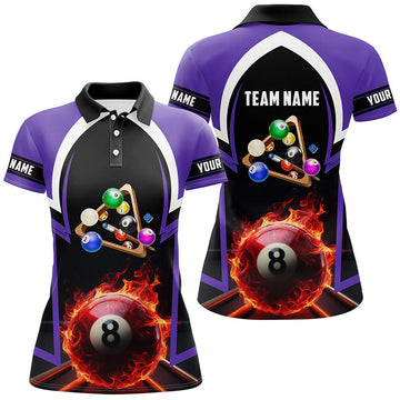 Personalised Purple 3D Fire 8 Ball Pool Polo for Women T0431