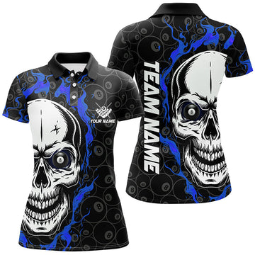 Custom Blue Flame Skull Billiard Polo Shirt for Women T0629