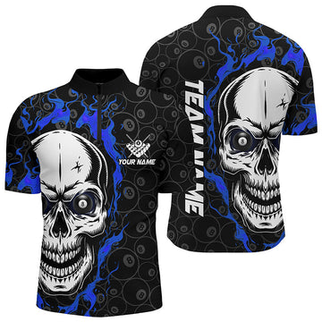 Personalised Blue Flame Skull Billiard Men's Quarter-Zip Shirt T0629