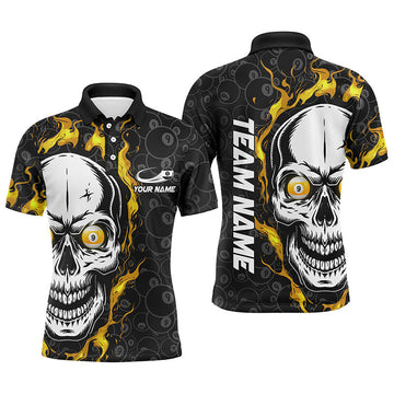 Men's Custom Yellow Flame Skull Pool Polo Shirt T0633