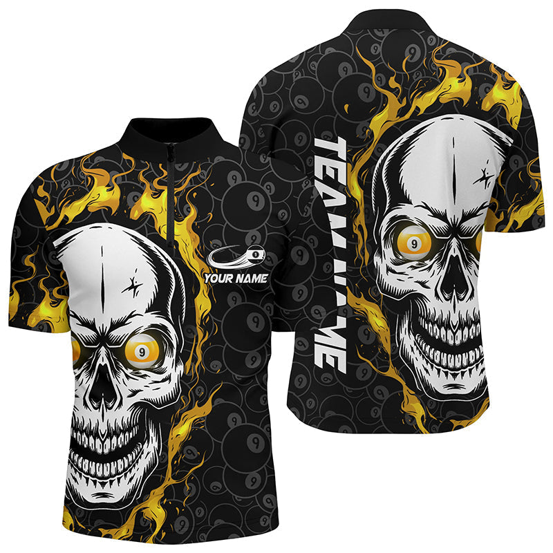 Men's Yellow Flame Skull 9 Ball Pool Quarter-Zip Shirt T0633