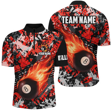 Men's Red Fire Flame 8 Ball Pool Quarter-Zip Jersey T1347