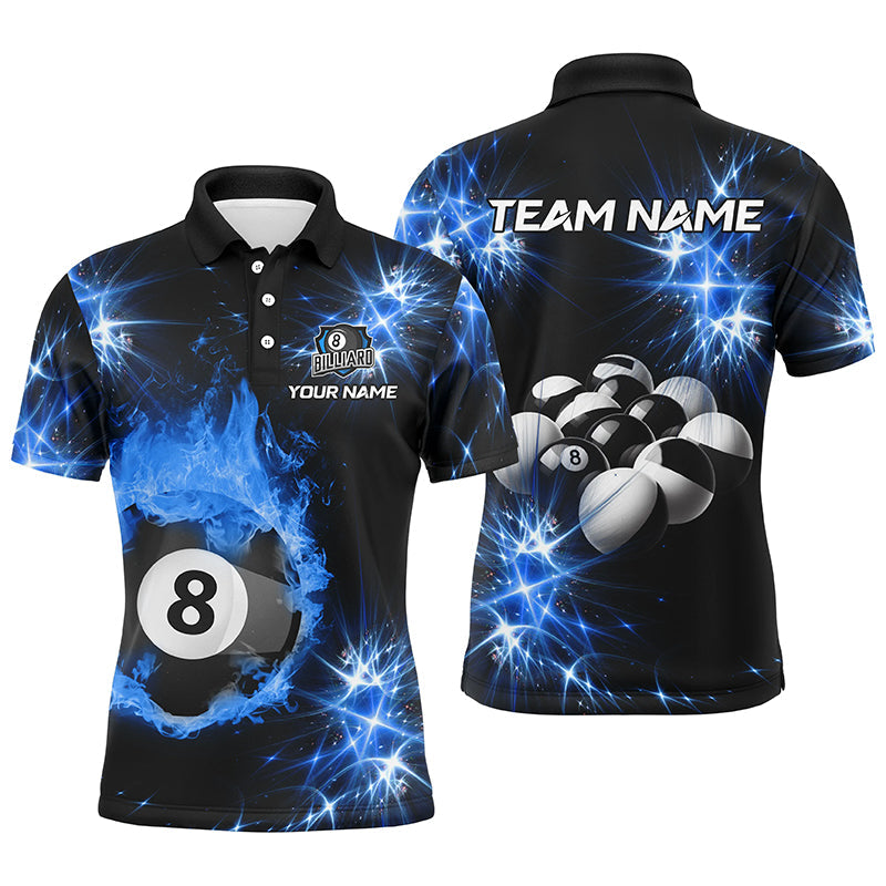 Men's Custom Blue Billiard Polo Shirt with Fire Flame Design T1352